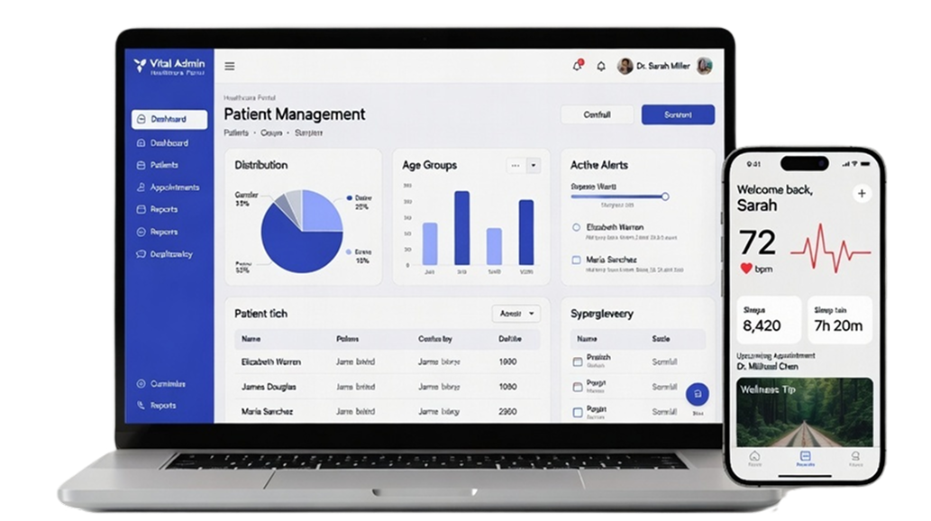 Amrithaa healthcare admin dashboard shown on laptop and mobile
